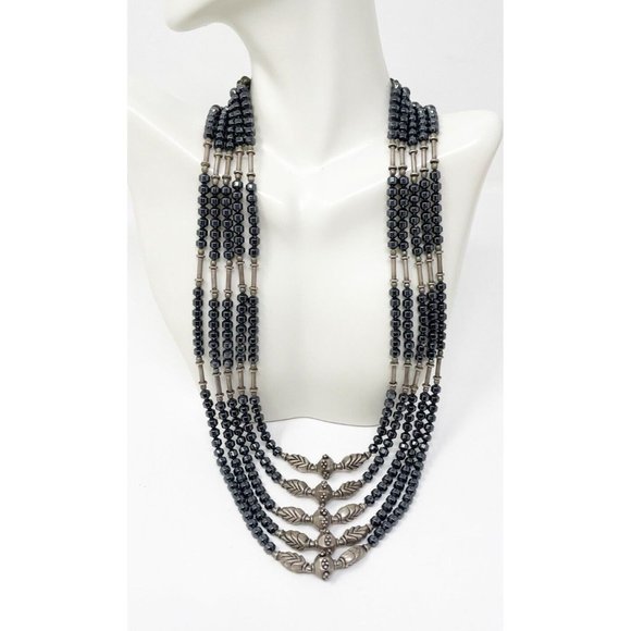 Antiqued Silver Tone Egyptian Revival Multi Strand Beaded Layered Necklace - Picture 1 of 8
